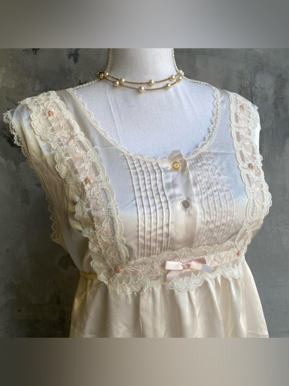 Vintage 80s Cream Coquette Milkmaid Satin Lace Maxi Dress - Picture 2 of 4